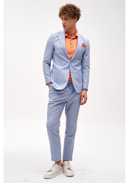Erkek Mavi Slim Fit / Dar Kalıp Mono Yaka Takım Elbise