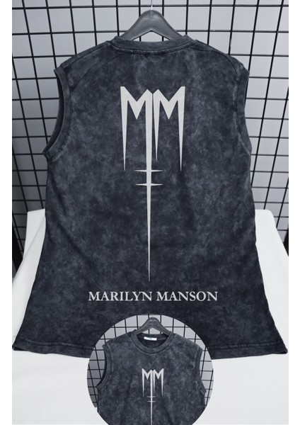 Marilyn Manson Logo Sırt Baskılı Yıkamalı Kolsuz Tişört, Unisex Rock Band Sıfır Kollu Eskitme Atlet