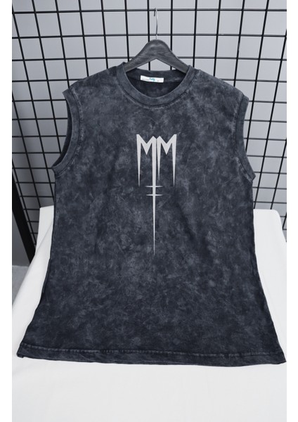 Marilyn Manson Logo Sırt Baskılı Yıkamalı Kolsuz Tişört, Unisex Rock Band Sıfır Kollu Eskitme Atlet