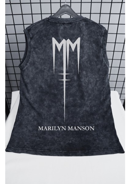 Marilyn Manson Logo Sırt Baskılı Yıkamalı Kolsuz Tişört, Unisex Rock Band Sıfır Kollu Eskitme Atlet