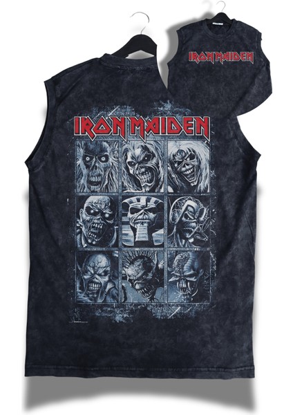 Unisex Rock Band Iron Maiden Sırt Baskılı Yıkamalı Kolsuz Vintage Tişört