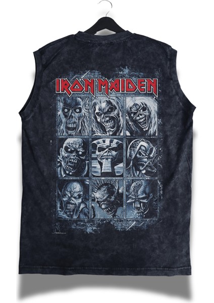 Unisex Rock Band Iron Maiden Sırt Baskılı Yıkamalı Kolsuz Vintage Tişört modelleri
