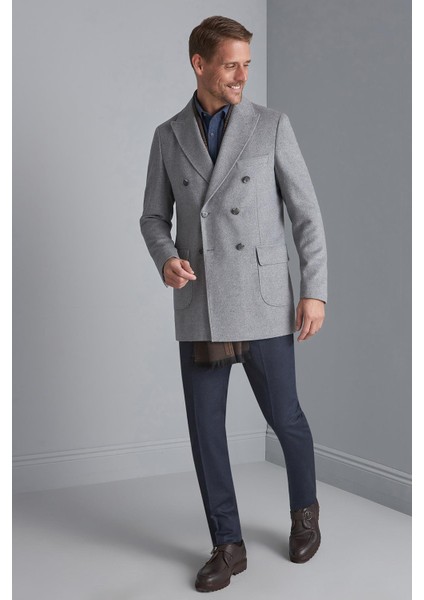 Erkek Gri Regularfit / Rahat Kalıp Kruvaze Kaban