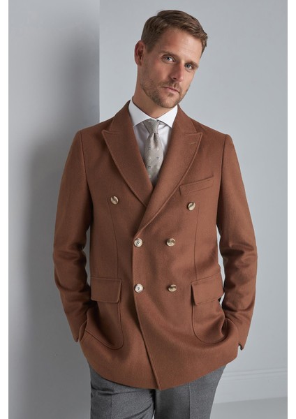 Erkek Kiremit Regularfit / Rahat Kalıp Kruvaze Kaban