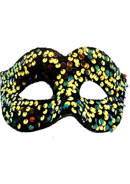 Altın Renk Arkadan Lastikli Pul Payet Işlemeli Balo After Parti Maskesi