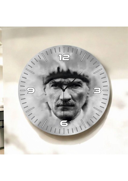 Renkli Baskı Atatürk Desenli Sayılı Hediyelik Ahşap Sessiz Duvar Saati 50CM