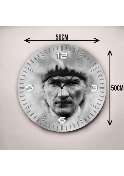 Renkli Baskı Atatürk Desenli Sayılı Hediyelik Ahşap Sessiz Duvar Saati 50CM