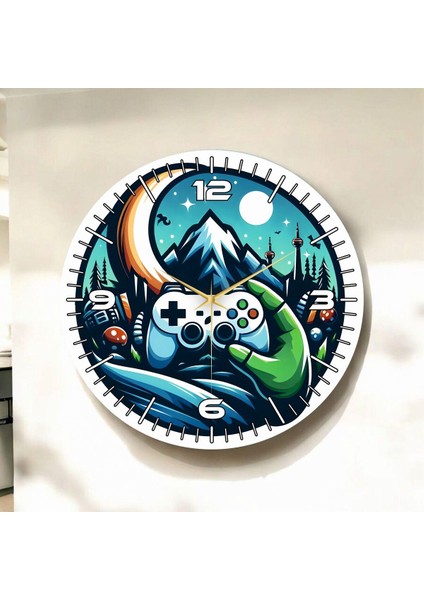Gamer Oyuncu Renkli Baskı Desenli Sayılı Hediyelik Ahşap Sessiz Duvar Saati 50CM
