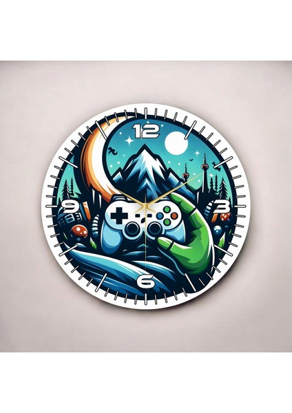Gamer Oyuncu Renkli Baskı Desenli Sayılı Hediyelik Ahşap Sessiz Duvar Saati 50CM