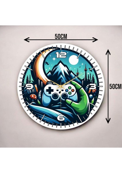 Gamer Oyuncu Renkli Baskı Desenli Sayılı Hediyelik Ahşap Sessiz Duvar Saati 50CM