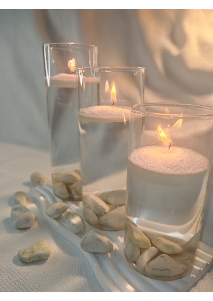 Acr - Hediyelik Dekoratif 3'lü Silindir Cam Yüzen Mum-Luk Vazo Seti ( Mumlar ve Taş Süslerimiz Hediyemizdir.)