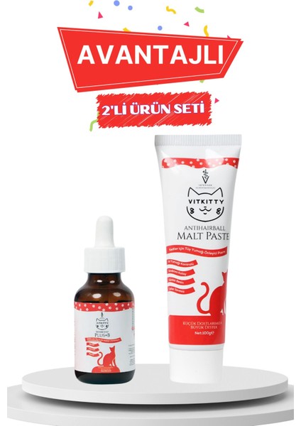 Kediler Için Tüy Yumağı Önleyici Cilt ve Tüy Sağılığını Destekleyici Damla ve Malt Macun ( 2'li Set)
