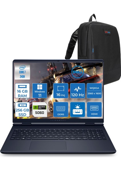 Alienware 16 Aurora Intel Core Ultra 7 240H 16GB Ddr5 256GB SSD Windows 11 Home 8gb RTX5060 16 Inç 2K(2560×1600) Wqxga 120Hz Wva Taşınabilir Bilgisayar AC16250C716156WH01 + Zetta Çanta