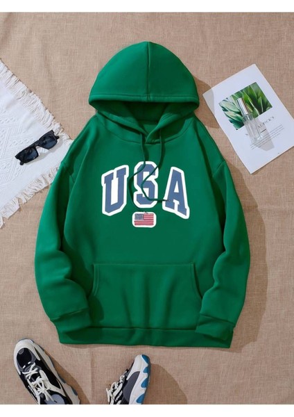 Unisex Usa Baskılı Oversize Sweatshirt Hoodie