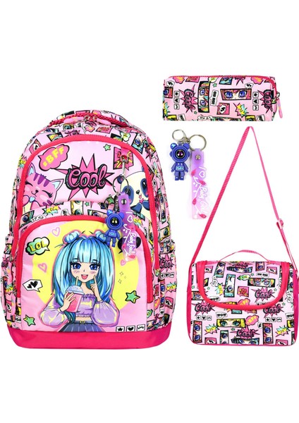 Yigit Butik Anime Karakter Baskılı Üçlü Kız Çocuk Ilkokul Çantası Seti