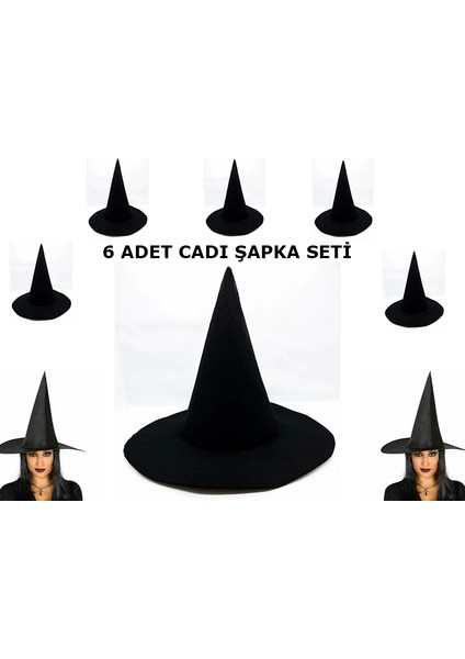 Siyah Cadı Şapkası Keçe Yetişkin Boy 6 Adet