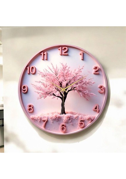 Pembe Renkli Baskı Ağaç Doğa Desenli Sayılı Hediyelik Ahşap Sessiz Duvar Saati 50CM