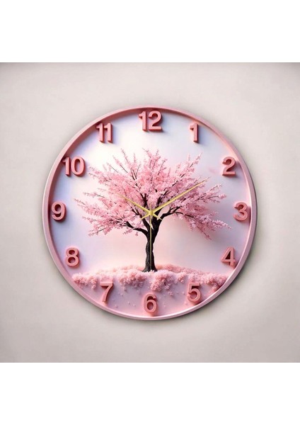 Pembe Renkli Baskı Ağaç Doğa Desenli Sayılı Hediyelik Ahşap Sessiz Duvar Saati 50CM