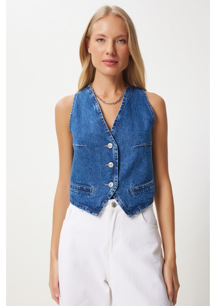 V Yaka Crop Denim Yelek fiyatları