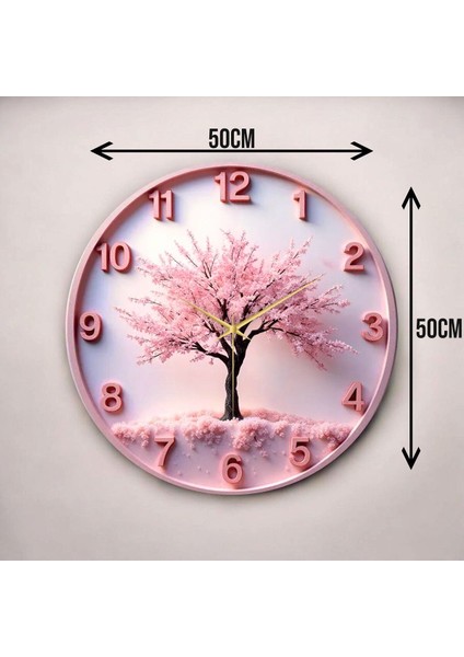 Pembe Renkli Baskı Ağaç Doğa Desenli Sayılı Hediyelik Ahşap Sessiz Duvar Saati 50CM