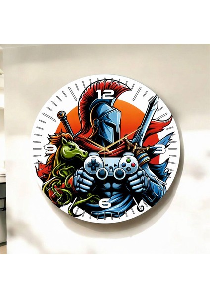 Renkli Baskı Gamer Şövalye Desenli Sayılı Hediyelik Ahşap Sessiz Duvar Saati 50CM