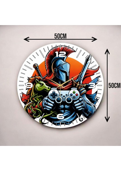 Renkli Baskı Gamer Şövalye Desenli Sayılı Hediyelik Ahşap Sessiz Duvar Saati 50CM