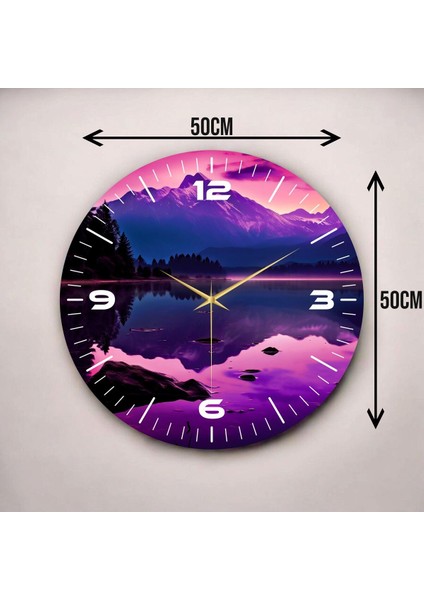Göl Manzaralı Mor Renkli Baskı Desenli Sayılı Hediyelik Ahşap Sessiz Duvar Saati 50CM