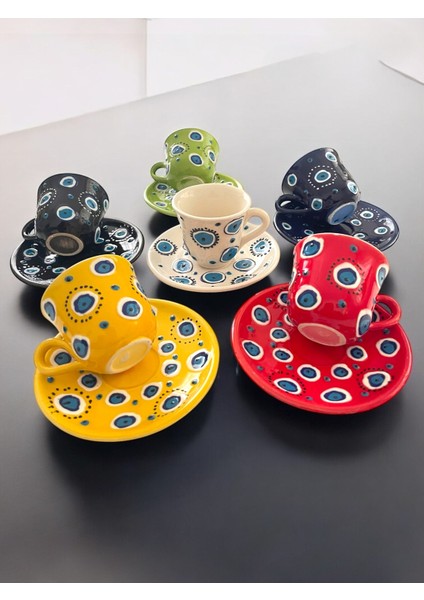 Dekoratif 6 Kişilik Şık Nazar Boncuğu Çini Tasarımlı Tamamen El Yapımı Kahve Fincan Seti