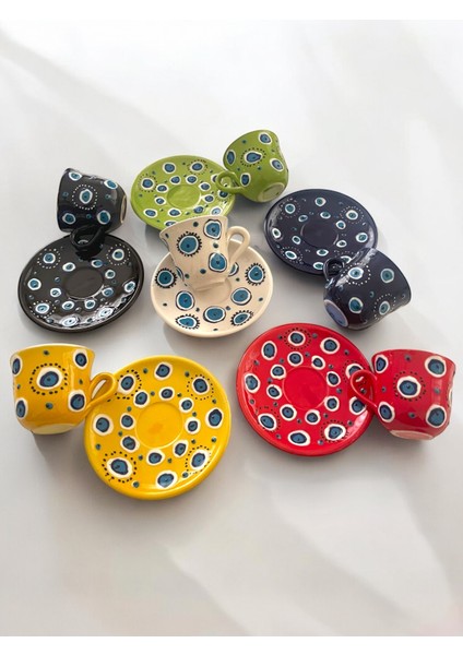 Dekoratif 6 Kişilik Şık Nazar Boncuğu Çini Tasarımlı Tamamen El Yapımı Kahve Fincan Seti fiyatları