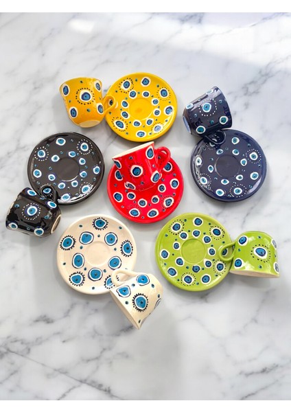 Dekoratif 6 Kişilik Şık Nazar Boncuğu Çini Tasarımlı Tamamen El Yapımı Kahve Fincan Seti modelleri