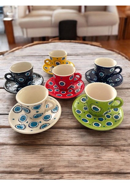 Dekoratif 6 Kişilik Şık Nazar Boncuğu Çini Tasarımlı Tamamen El Yapımı Kahve Fincan Seti fırsatları