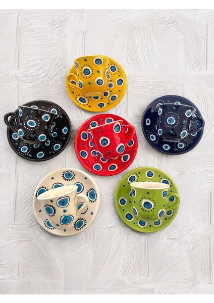 Dekoratif 6 Kişilik Şık Nazar Boncuğu Çini Tasarımlı Tamamen El Yapımı Kahve Fincan Seti indirimleri