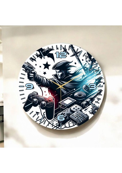 Siyah Beyaz Renkli Baskı Game ve Oyun Konsolu Desenli Sayılı Hediyelik Ahşap Sessiz Duvar Saati 50CM