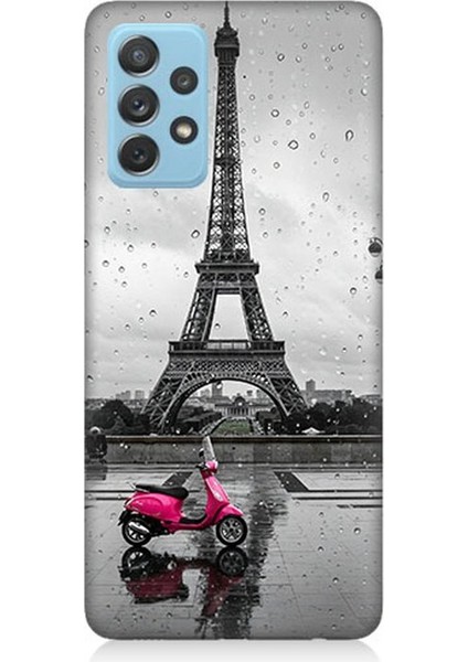 Samsung Galaxy A52 Uyumlu Yağmurda Eyfel ve Scooter Desenli Silikon Kılıf
