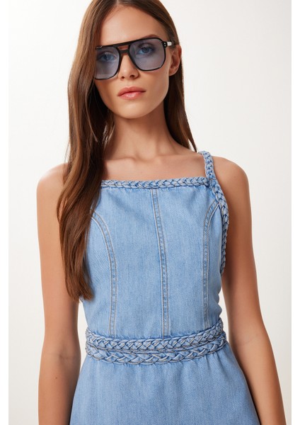 Sırt Dekolteli Mini Denim Elbise