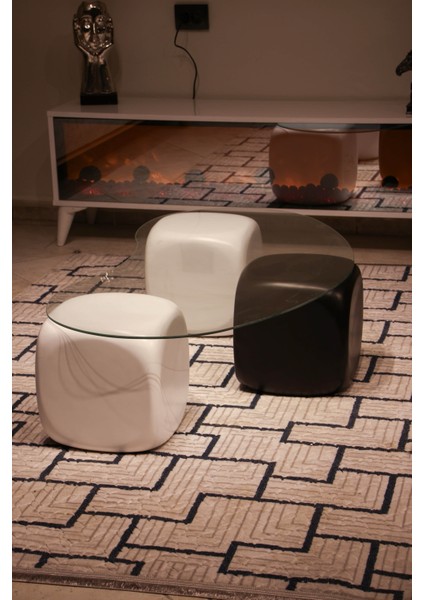 Modern Orta Sehpa & Top Sehpa Cam Sehpa & Küre Orta Sehpa - 2 Beyaz Zar & 1 Siyah Zar - Fasulye - Şeffaf Cam fiyatları