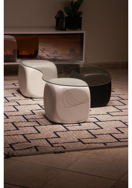 Modern Orta Sehpa & Top Sehpa Cam Sehpa & Küre Orta Sehpa - 2 Beyaz Zar & 1 Siyah Zar - Fasulye - Şeffaf Cam indirimleri