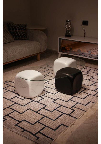 Modern Orta Sehpa & Top Sehpa Cam Sehpa & Küre Orta Sehpa - 2 Beyaz Zar & 1 Siyah Zar - Fasulye - Şeffaf Cam