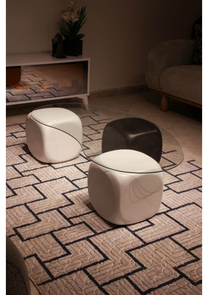 Modern Orta Sehpa & Top Sehpa Cam Sehpa & Küre Orta Sehpa - 2 Beyaz Zar & 1 Siyah Zar - Fasulye - Şeffaf Cam