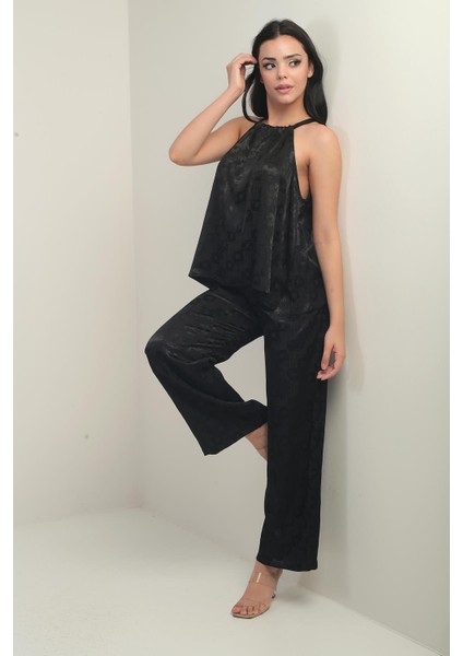 Kadın Ince Askılı Bluz Beli Lastikli Cepli Palazzo Pantolon Geometrik Desen Saten 2'li Takım