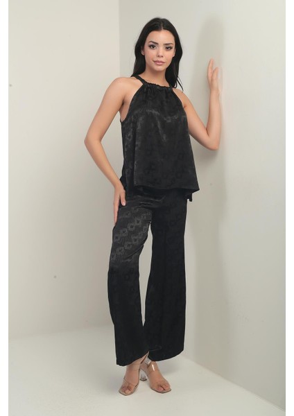 Kadın Ince Askılı Bluz Beli Lastikli Cepli Palazzo Pantolon Geometrik Desen Saten 2'li Takım modelleri