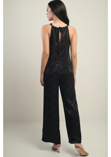 Kadın Ince Askılı Bluz Beli Lastikli Cepli Palazzo Pantolon Geometrik Desen Saten 2'li Takım fırsatları