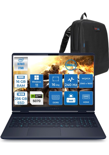 Alienware 16X Aurora Intel Core Ultra 9 275HX 16GB Ddr5 256GB SSD Windows 11 Home 8gb RTX5070 16 Inç 2K(2560×1600) Wqxga 240Hz 3ms Wva Taşınabilir Bilgisayar AC16251CU932157WH01 + Zetta Çanta