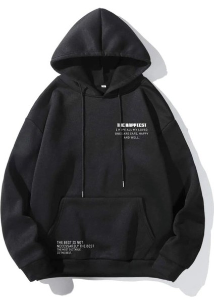 Unisex Siyah Happiest Baskılı Oversize Kapüşonlu Sweatshirt