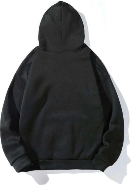 Unisex Siyah Happiest Baskılı Oversize Kapüşonlu Sweatshirt