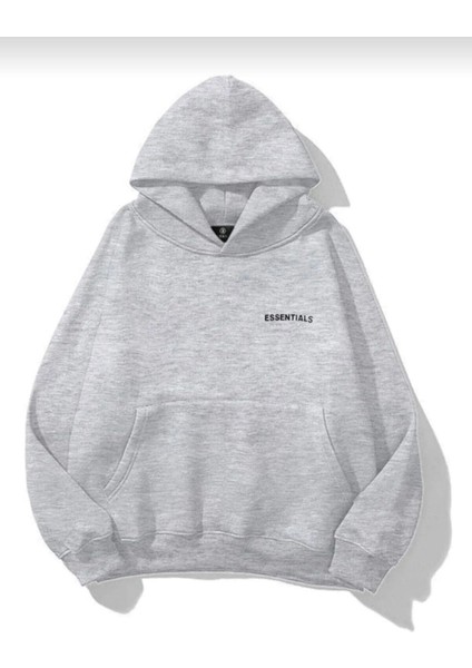Unisex Gri Melenj Essentials Baskılı Oversize Sweatshirt Hoodie