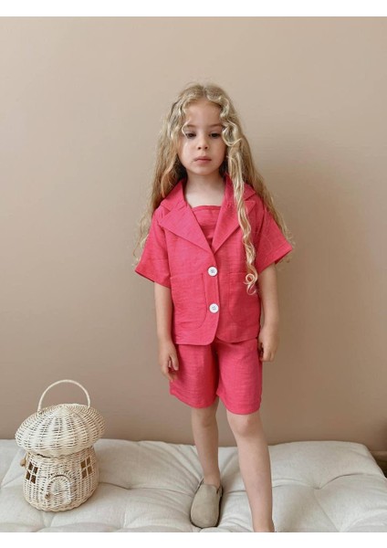 Keten Rahat Takım I Yazlık Şortlu Çeket Kız Çocuk Kombini I Kız Çocuk Yazlık Takım 2'li