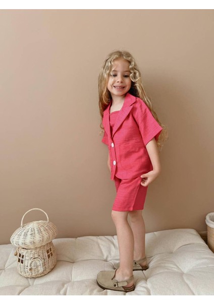 Keten Rahat Takım I Yazlık Şortlu Çeket Kız Çocuk Kombini I Kız Çocuk Yazlık Takım 2'li modelleri