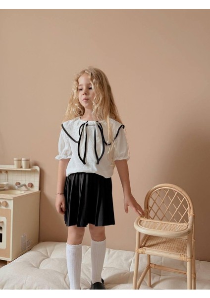 Kız Çocuk Pileli Etekli Takım I Fırfırlı Yaka Vintage Stil I Kız Çocuk Fiyonklu Yaka Detaylı