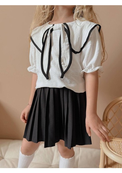 Kız Çocuk Pileli Etekli Takım I Fırfırlı Yaka Vintage Stil I Kız Çocuk Fiyonklu Yaka Detaylı fırsatları